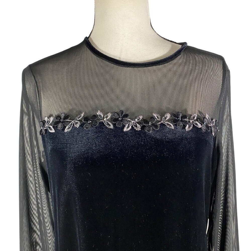 Vintage Y2K illusion mesh black velour gown maxi dress dark floral women's 12